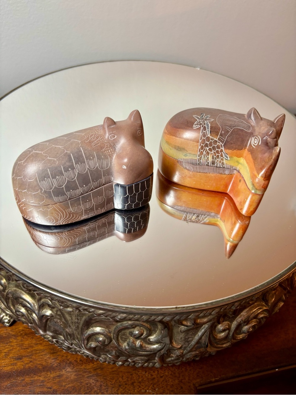 Rhino & Hippo Hand-carved soapstone trinket /jewelry box Set - Kenya art decor